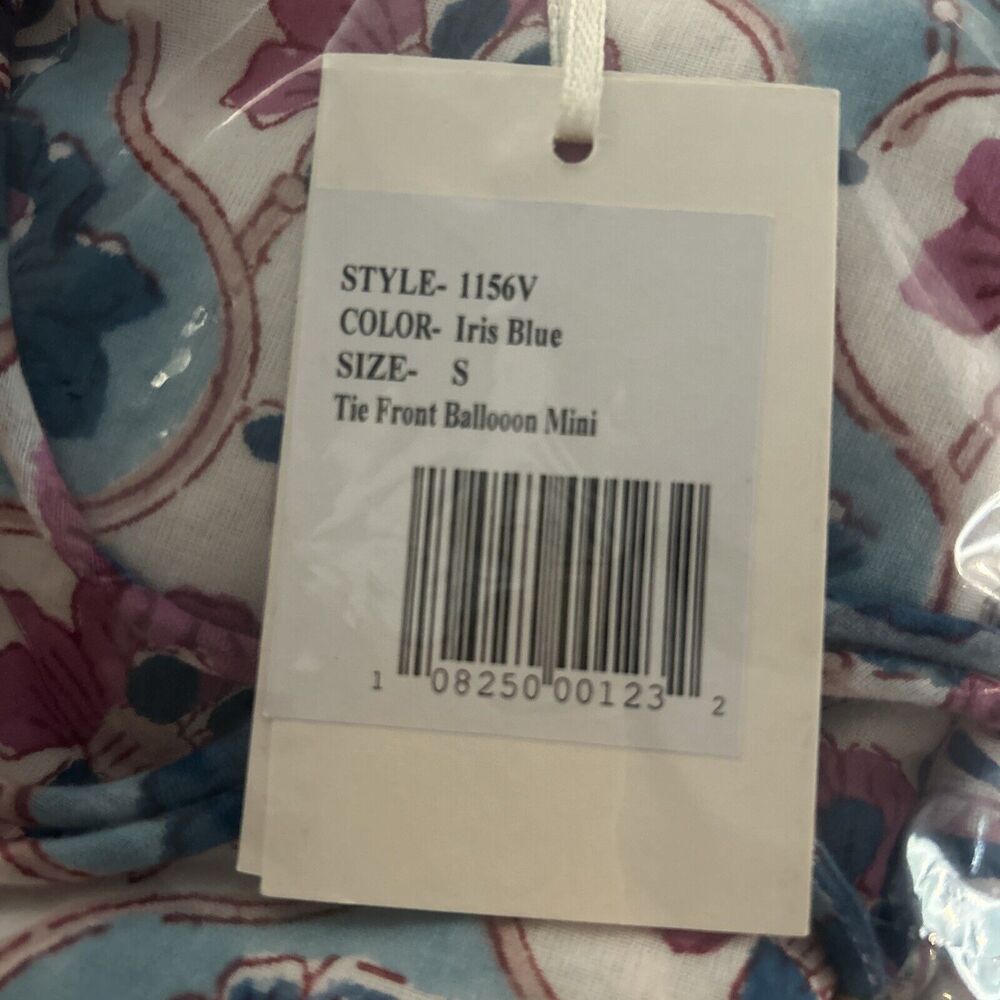 Oliphant Mini Dress Long Balloon Sleeves Tie Front Floral Fern‎ Blue Small NWT - Picture 11 of 12